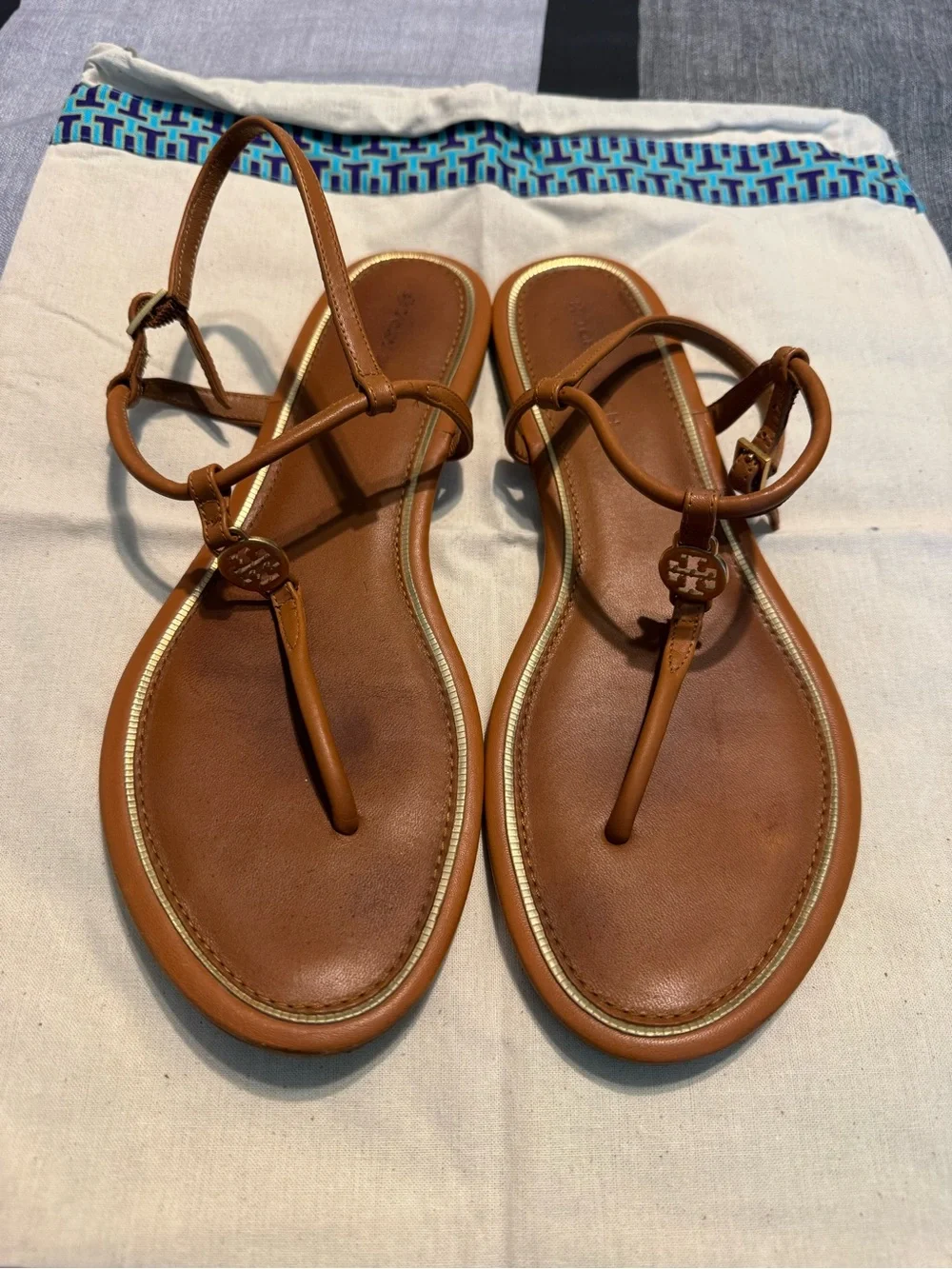 Tory Burch Tan Leather T-Strap Sandals with Gold Trim